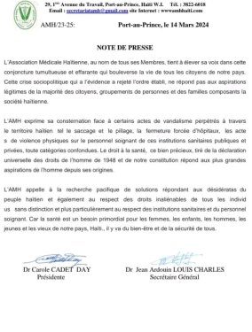Haïti-Crise : L’Association Médicale Haïtienne lance un cri d’alarme