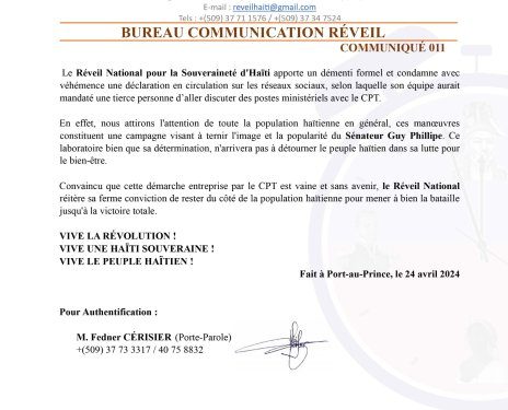 Haïti-Politique : le Réveil National réfute les allégations de négociation avec le Conseil Présidentiel de la Transition