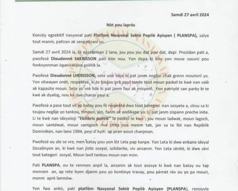 « Le communiqué publié au nom du parti PLANSPA le samedi 27 avril est faux et archi-faux », a démenti l’ancienne ministre Yanick Mezile.