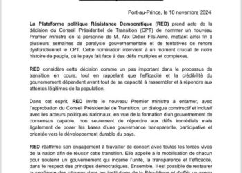 Nomination d’Alix Didier Fils-Aimé comme Premier ministre : la Plateforme RED appelle à l’unité et à un Gouvernement de consensus