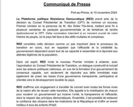 Nomination d’Alix Didier Fils-Aimé comme Premier ministre : la Plateforme RED appelle à l’unité et à un Gouvernement de consensus